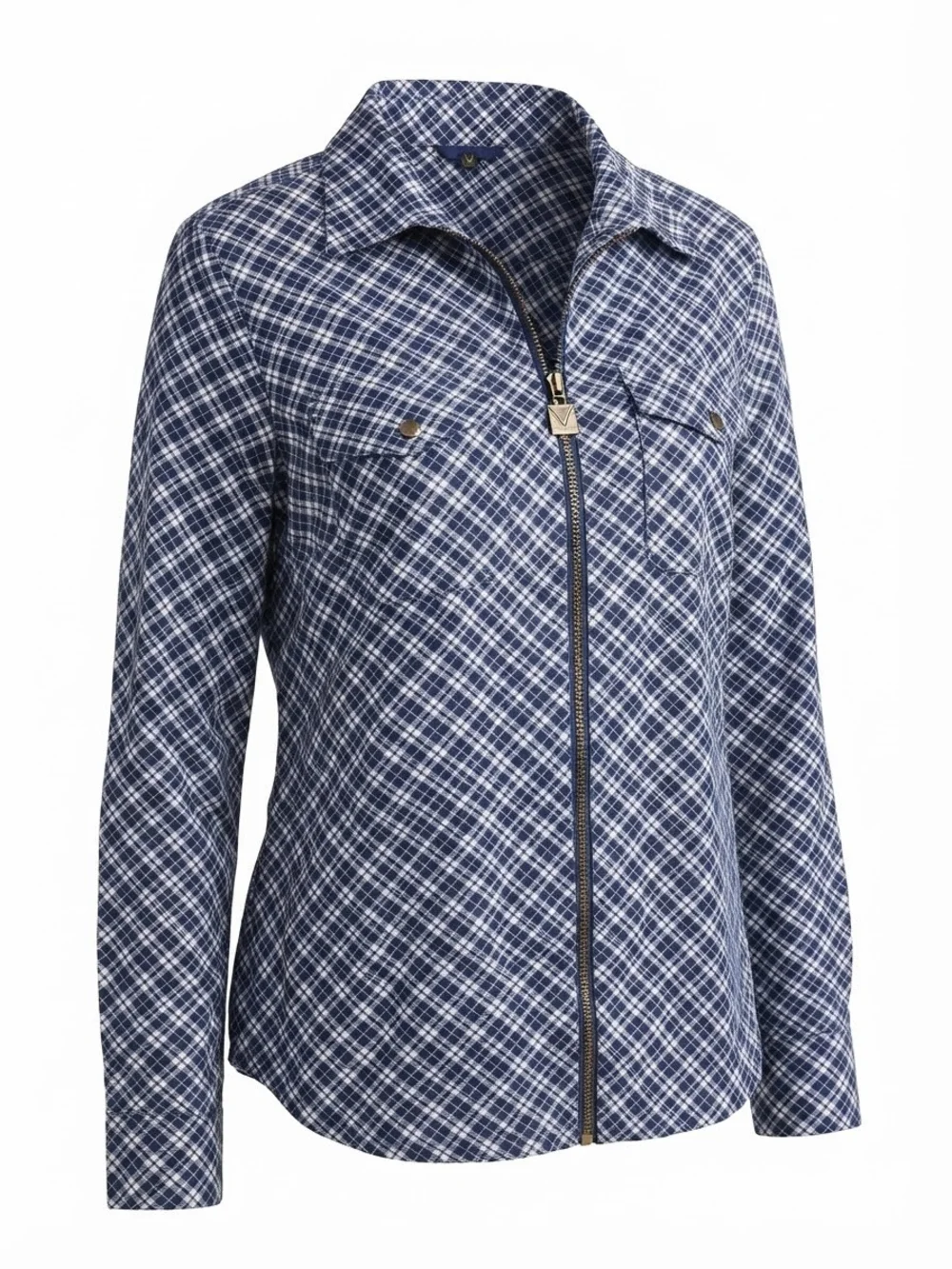 Michael Kors Blue Plaid Zip-Front Jean Jacket